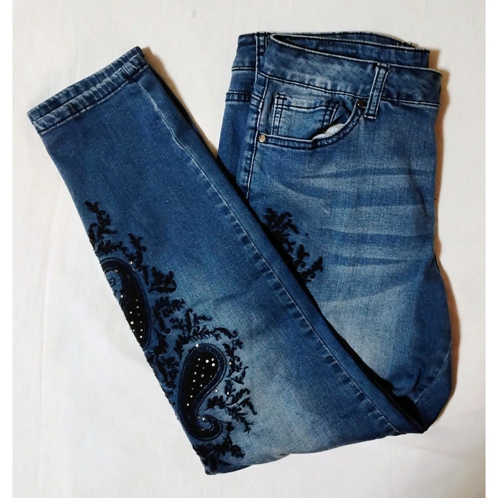 Earl Jean Womens Size 14 Skinny Ankle Jeans Dark Wash Embroidered Studded Boho